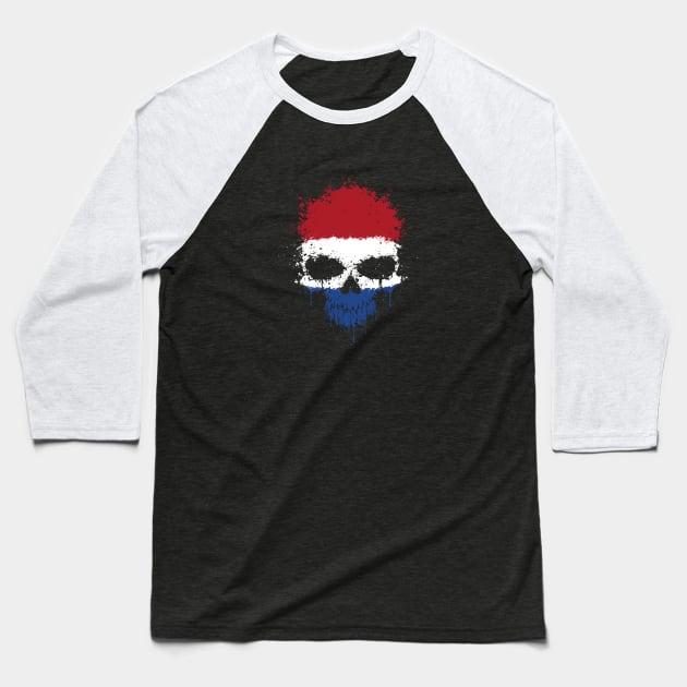 Chaotic Dutch Flag Splatter Skull Baseball T-Shirt by jeffbartels